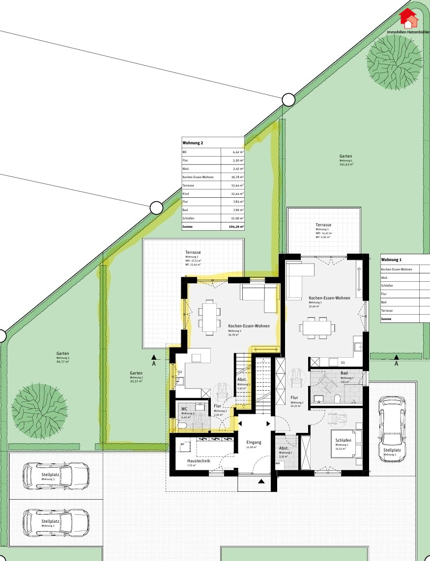 Wohnung + Garten gelb markiert Wohnung + Garten gelb markiert