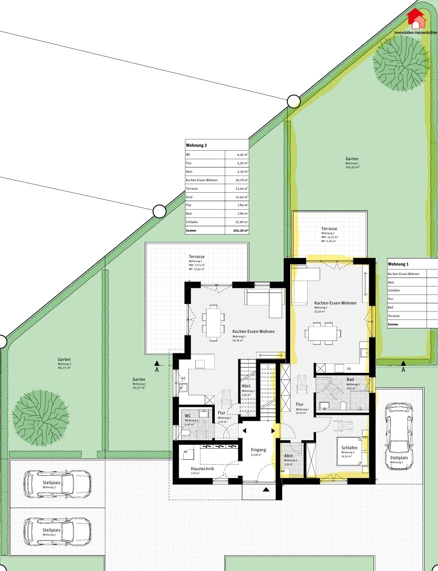 Wohnung + Garten gelb markiert Wohnung + Garten gelb markiert